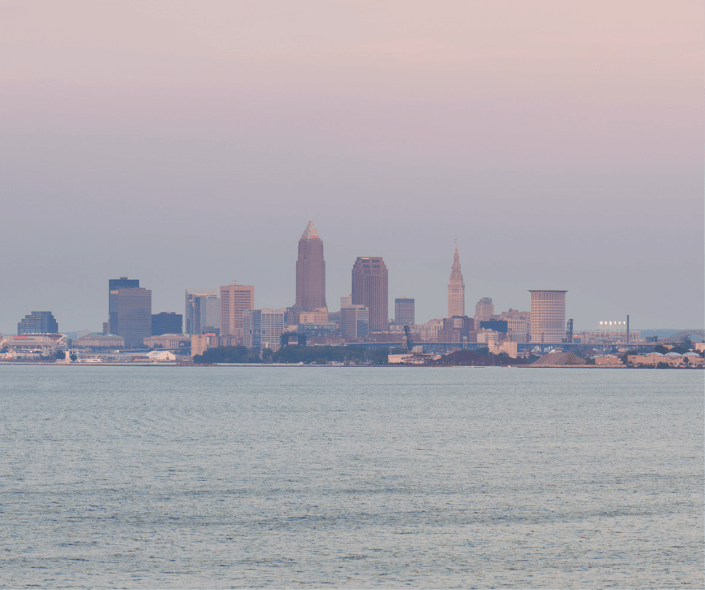 The view of downtown Cleveland, Ohio from Pier W Restaurant and Lounge in Cleveland, Ohio