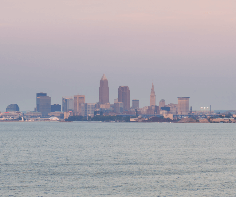 The view of downtown Cleveland, Ohio from Pier W Restaurant and Lounge in Cleveland, Ohio