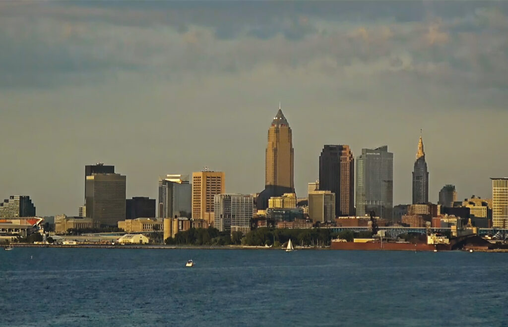 The downtown view of Cleveland, Ohio from Pier W Restaurant and Lounge